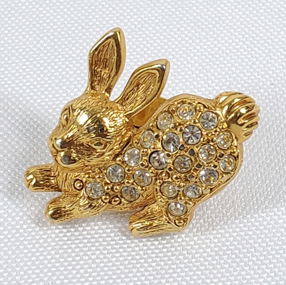 Easter Bunny Rabbit Hat Pin Vtg Avon Gold Tone With Rhinestones Tack Pin Brooch - Picture 8 of 8